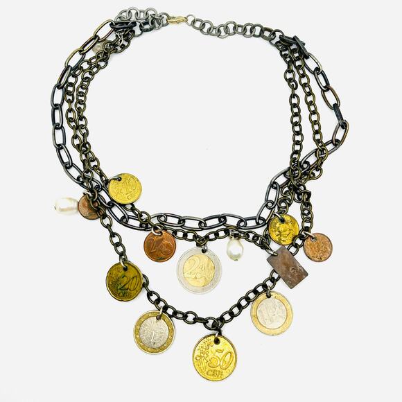 Vintage Y2K Multi-Tone Euro Coin Charm Layered Chain Necklace - Picture 1 of 8